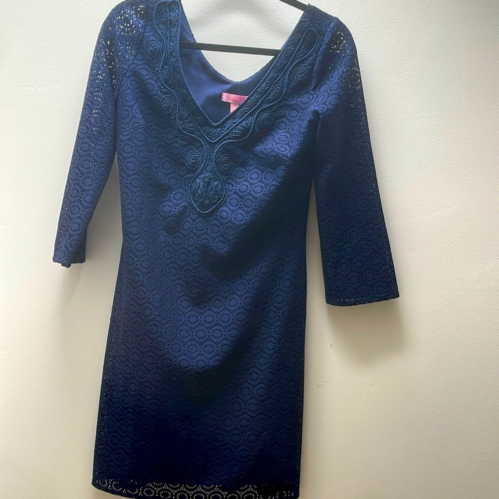 Blue Sheath V-Neck 3/4 Sleeve Dress
